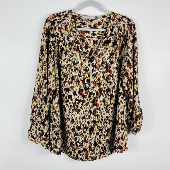 Valerie Stevens Plus Size 1X Printed Roll Tab Sleeve Zip Blouse Top - Picture 1 of 5